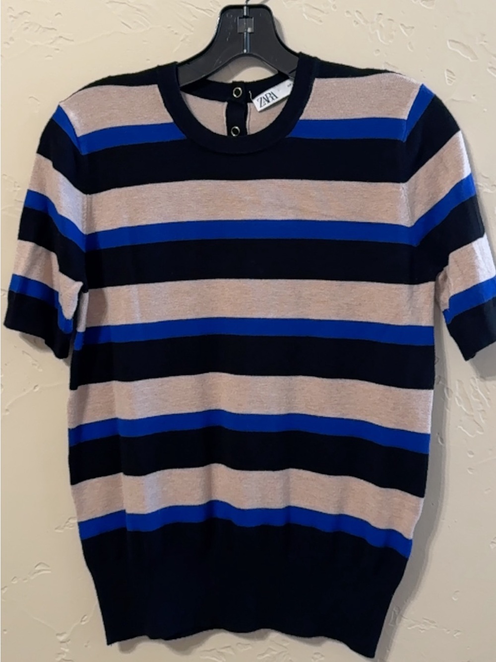 Zara Blk, Beige & Royal Blue Striped Short Sleeve Knit Top